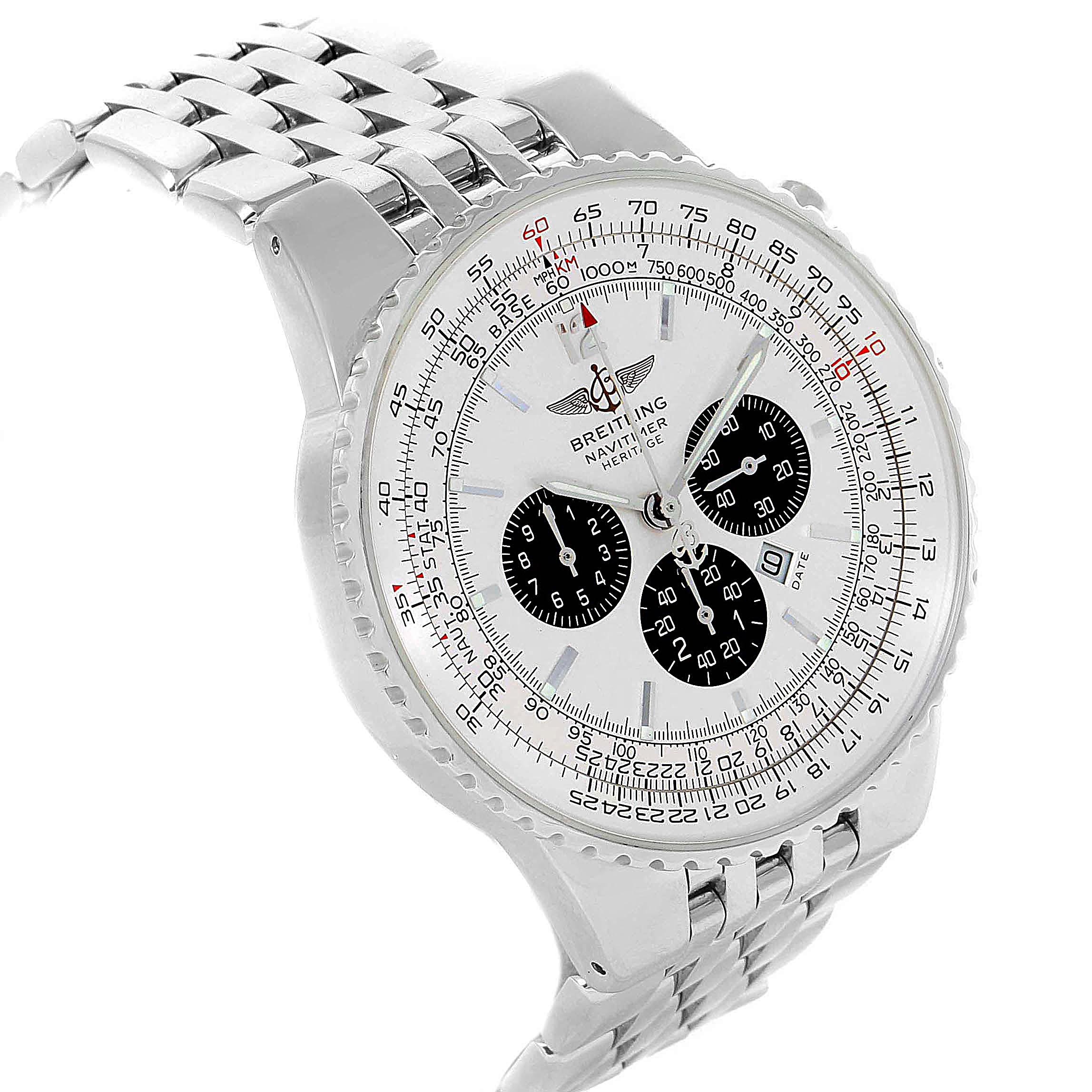 The image shows a Breitling Navitimer A35340 Men's Stainless Steel Silver Dial A35340 Men's Stainless Steel Silver Dial watch at an oblique angle, displaying its face, bezel, and part of its metal bracelet.