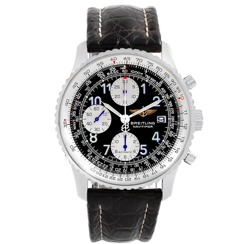 The image shows a front view of a Breitling Navitimer A13322 Men's Stainless Steel Black Dial A13322 Men's Stainless Steel Black Dial watch, highlighting its black dial, subdials, bezel, and leather strap.