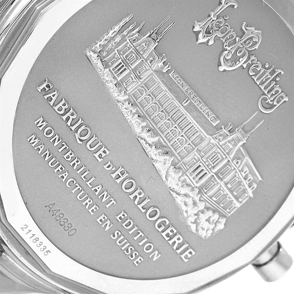 This image shows the back case of a Breitling Navitimer A48330 Men
s Stainless Steel Black Dial A48330 Men
s Stainless Steel Black Dial watch, featuring engraved details and model information.