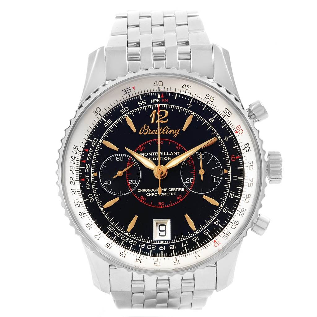 The image shows a front view of a Breitling Navitimer A48330 Men
s Stainless Steel Black Dial A48330 Men
s Stainless Steel Black Dial watch with a metal bracelet, dial, and chronograph functions clearly visible.
