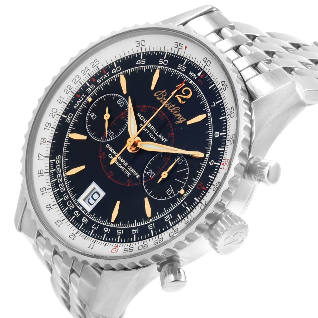 This image shows a Breitling Navitimer A48330 Men
s Stainless Steel Black Dial A48330 Men
s Stainless Steel Black Dial watch angled slightly from the front with visible dials, knobs, and part of the metal strap.