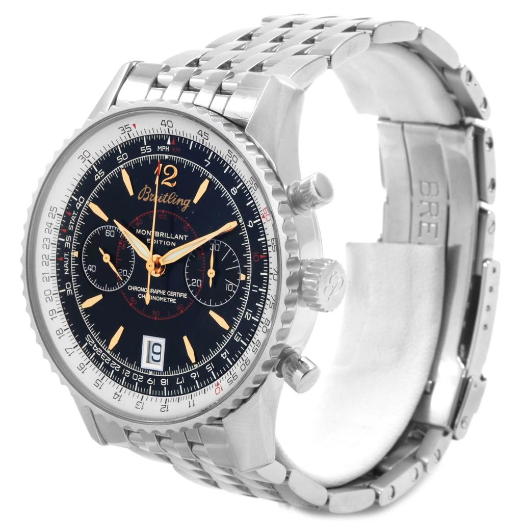 The Breitling Navitimer A48330 Men
s Stainless Steel Black Dial A48330 Men
s Stainless Steel Black Dial is shown at a slight side angle, displaying its dial, bezel, pushers, crown, and metal bracelet.