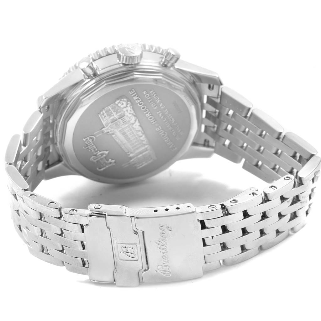 The image shows the back view of the Breitling Navitimer A48330 Men
s Stainless Steel Black Dial A48330 Men
s Stainless Steel Black Dial watch with its clasp and part of the bracelet visible.