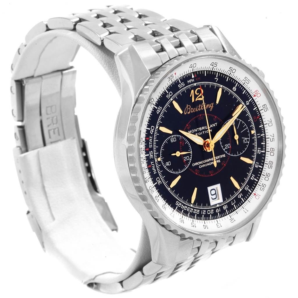 The image shows a Breitling Navitimer A48330 Men
s Stainless Steel Black Dial A48330 Men
s Stainless Steel Black Dial watch angled slightly from the left side, displaying its face, bezel, and metal strap.