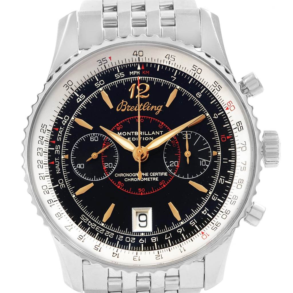 The image shows a frontal view of the Breitling Navitimer A48330 Men
s Stainless Steel Black Dial A48330 Men
s Stainless Steel Black Dial watch, highlighting the dial, bezel, and bracelet.
