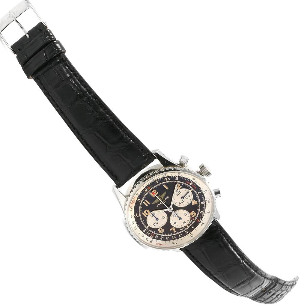 The Breitling Navitimer A30022 Men
s Stainless Steel Black Dial A30022 Men
s Stainless Steel Black Dial watch is shown at a slight angle, focusing on its face, case, and leather strap.