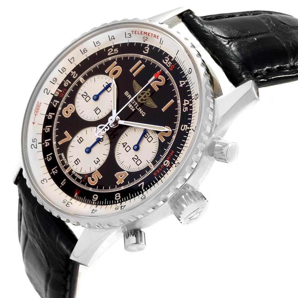 The image shows a side-angle view of a Breitling Navitimer A30022 Men
s Stainless Steel Black Dial A30022 Men
s Stainless Steel Black Dial watch, highlighting the bezel, dial, crown, chronograph pushers, and leather strap.