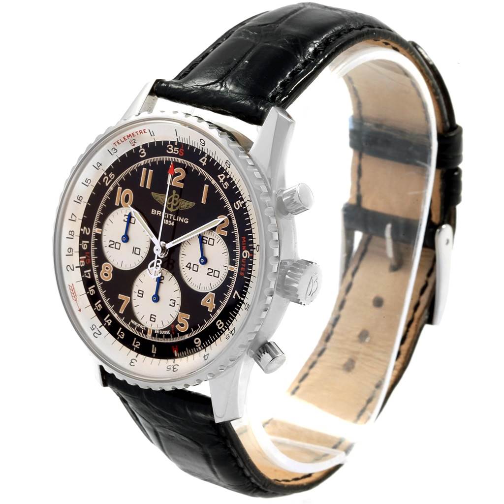 The image displays a Breitling Navitimer A30022 Men
s Stainless Steel Black Dial A30022 Men
s Stainless Steel Black Dial watch at a three-quarter angle, showcasing the face, bezel, crown, and strap.