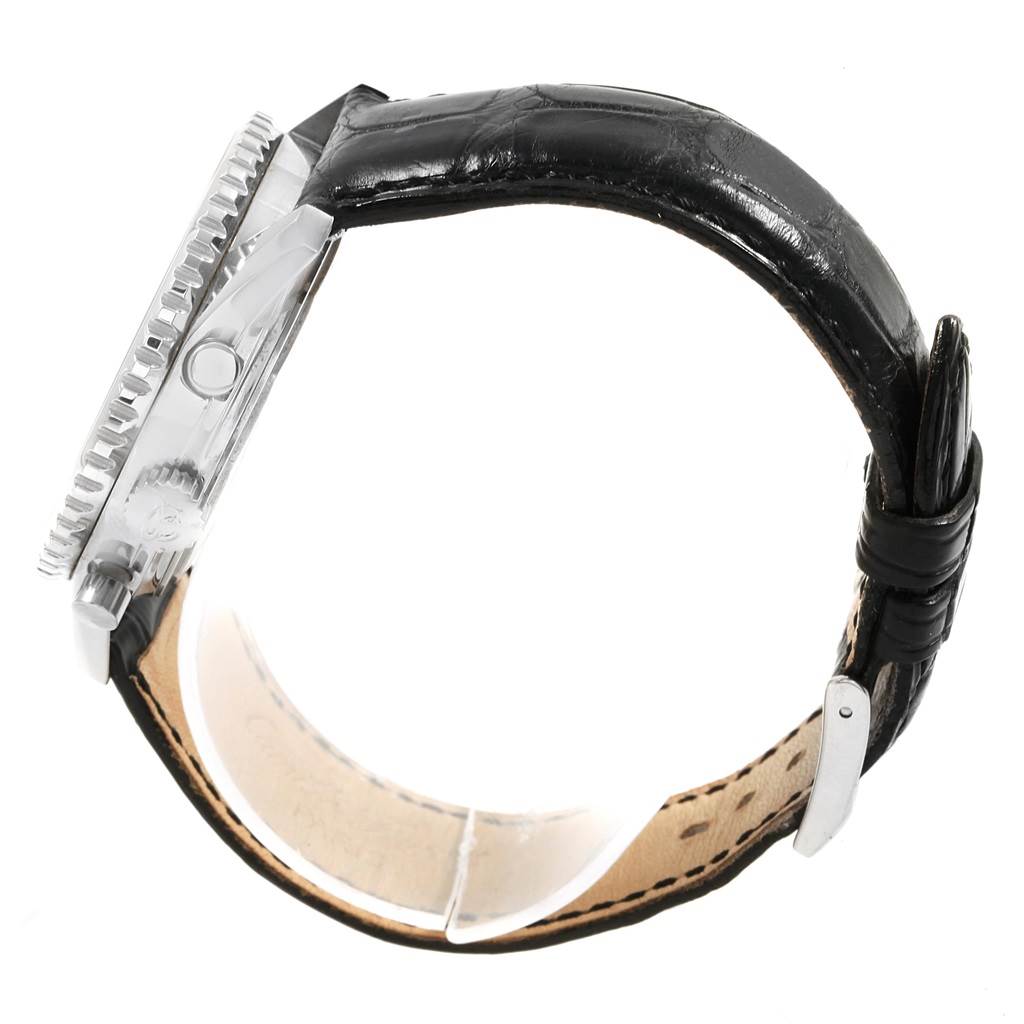 The image shows a side view of the Breitling Navitimer A30022 Men
s Stainless Steel Black Dial A30022 Men
s Stainless Steel Black Dial watch, highlighting its case, bezel, crown, and black leather strap.