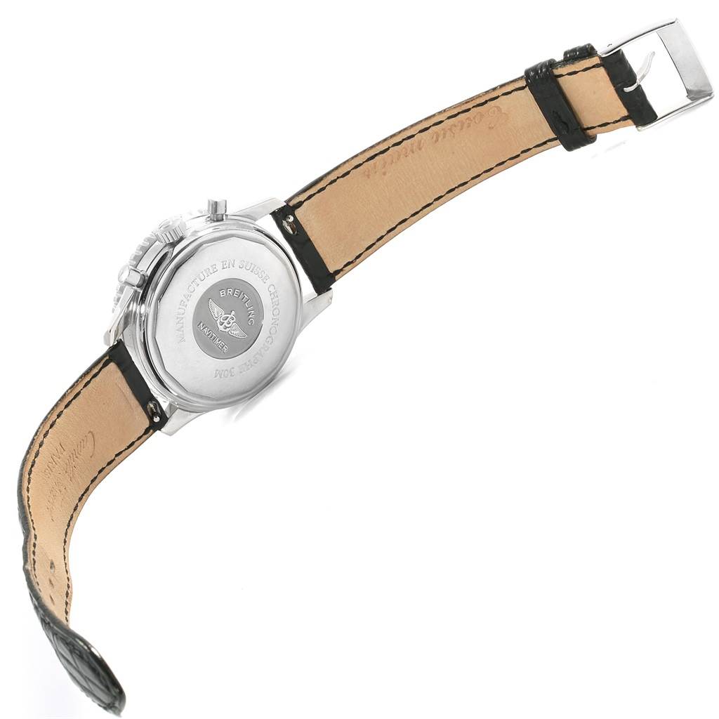 The image shows the back case and strap of a Breitling Navitimer A30022 Men
s Stainless Steel Black Dial A30022 Men
s Stainless Steel Black Dial watch from a rear angle.