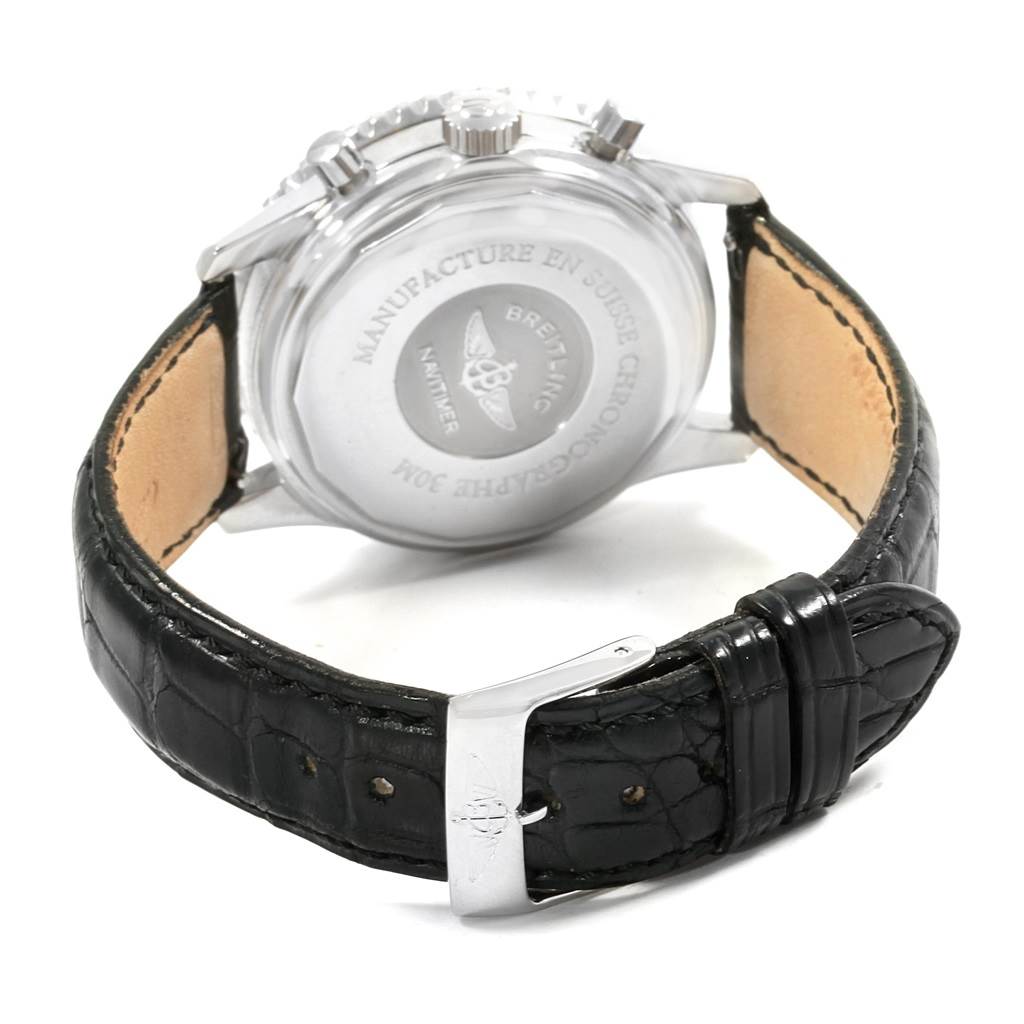The image shows the back case and leather strap of a Breitling Navitimer A30022 Men
s Stainless Steel Black Dial A30022 Men
s Stainless Steel Black Dial watch, viewed from the rear angle.