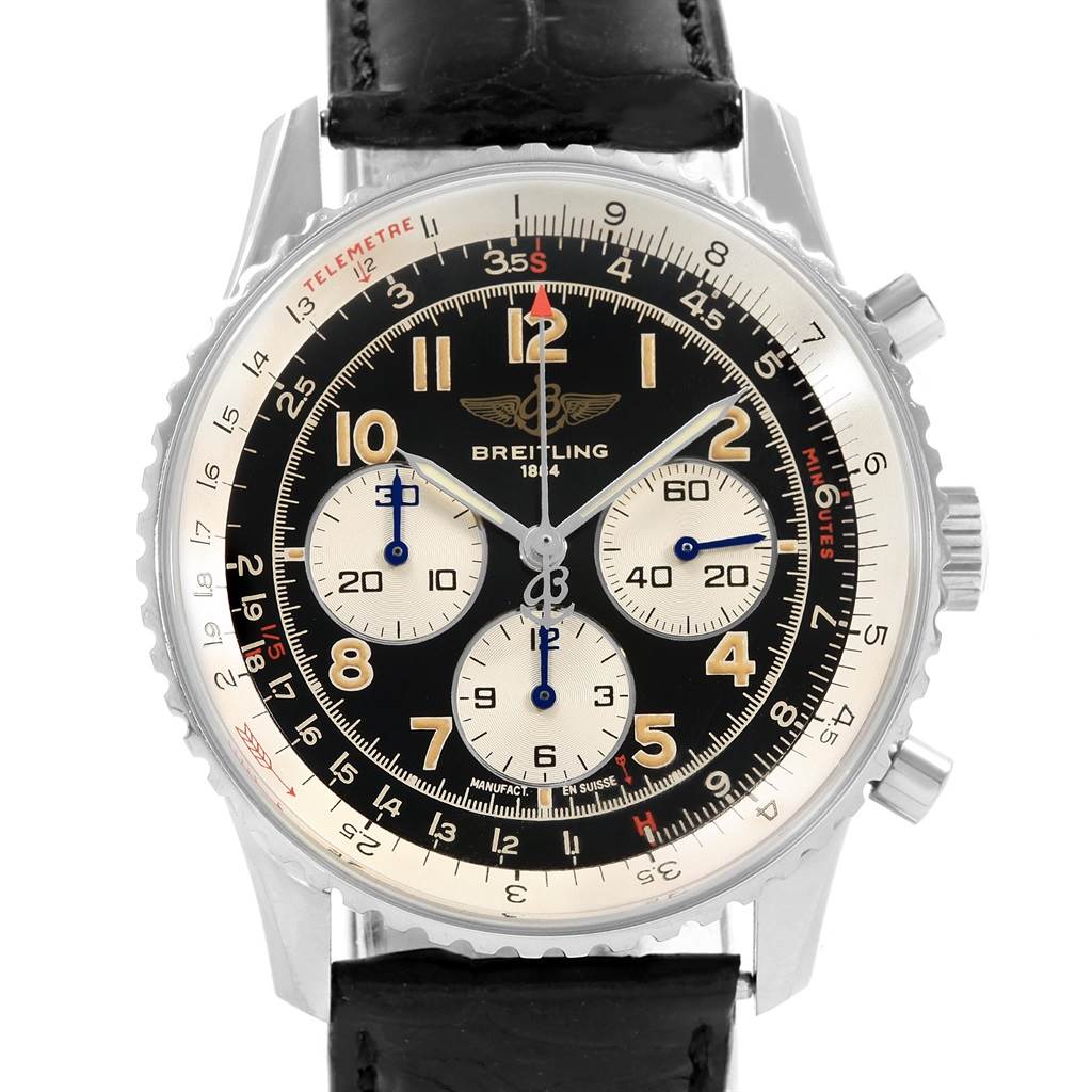 The Breitling Navitimer A30022 Men
s Stainless Steel Black Dial A30022 Men
s Stainless Steel Black Dial watch is shown from the front, displaying its dial, bezel, crown, pushers, and black leather strap.