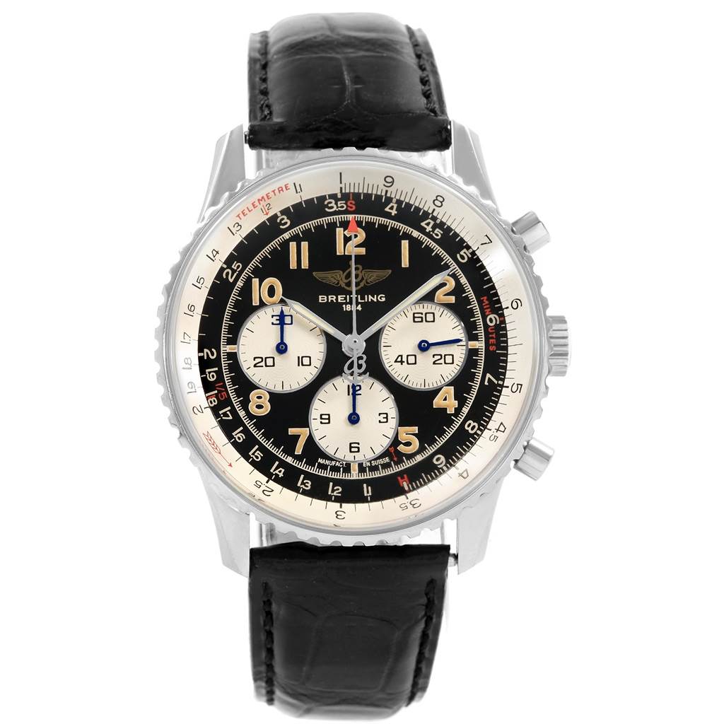 The Breitling Navitimer A30022 Men
s Stainless Steel Black Dial A30022 Men
s Stainless Steel Black Dial watch is shown from the front, displaying the dial, subdials, bezel, and leather strap.