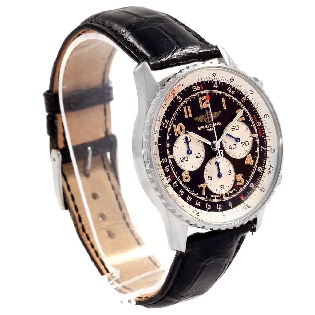 The image shows a side-front angle of a Breitling Navitimer A30022 Men
s Stainless Steel Black Dial A30022 Men
s Stainless Steel Black Dial watch with a black leather strap and detailed dial.