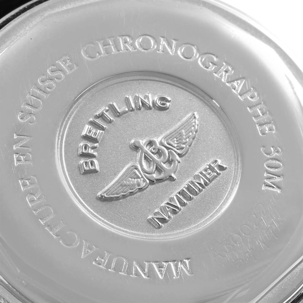 The image shows the back case of the Breitling Navitimer A30022 Men
s Stainless Steel Black Dial A30022 Men
s Stainless Steel Black Dial watch, featuring branding and model information.