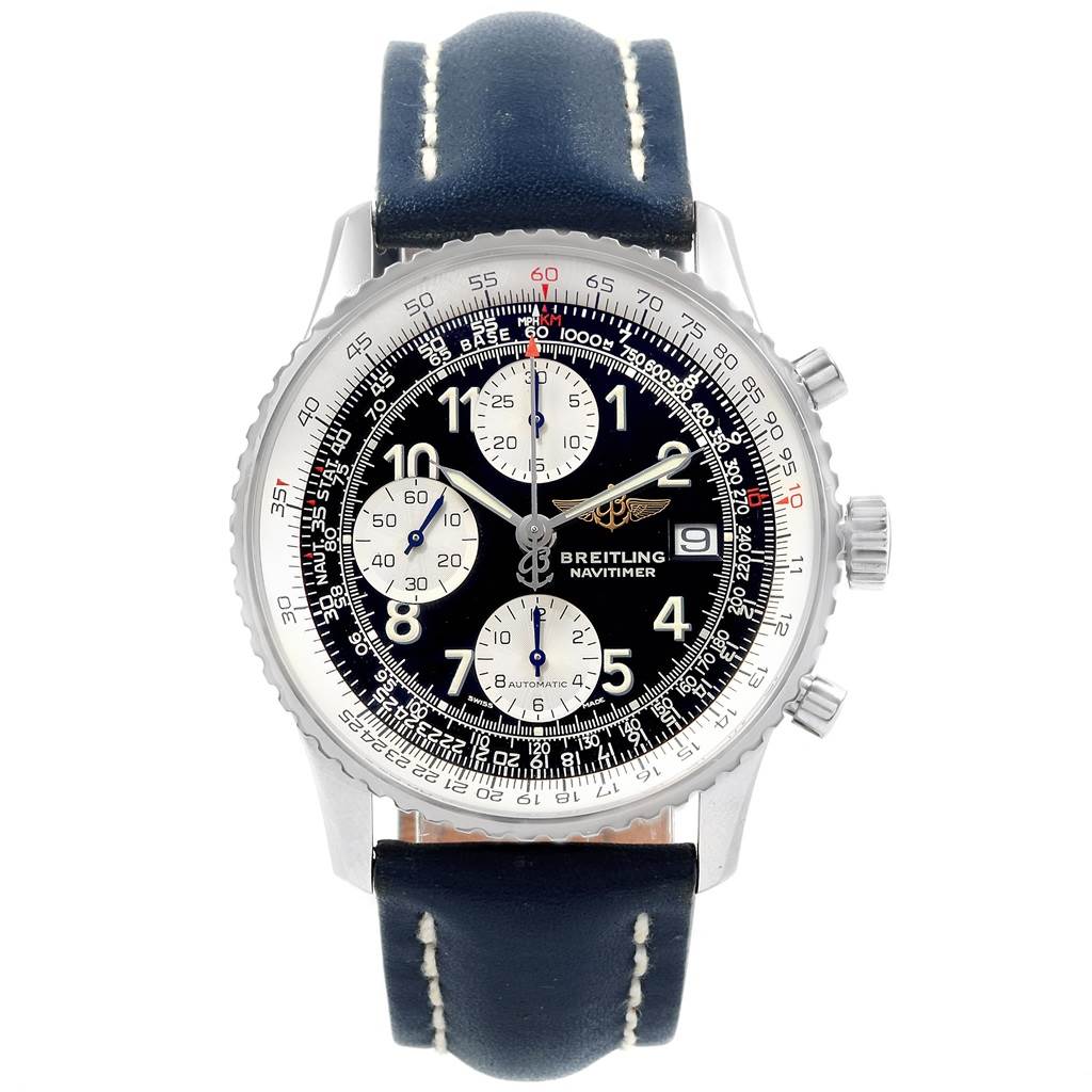 The image shows a front view of a Breitling Navitimer A13322 Men's Stainless Steel Black Dial A13322 Men's Stainless Steel Black Dial watch with a black dial and dark leather strap.