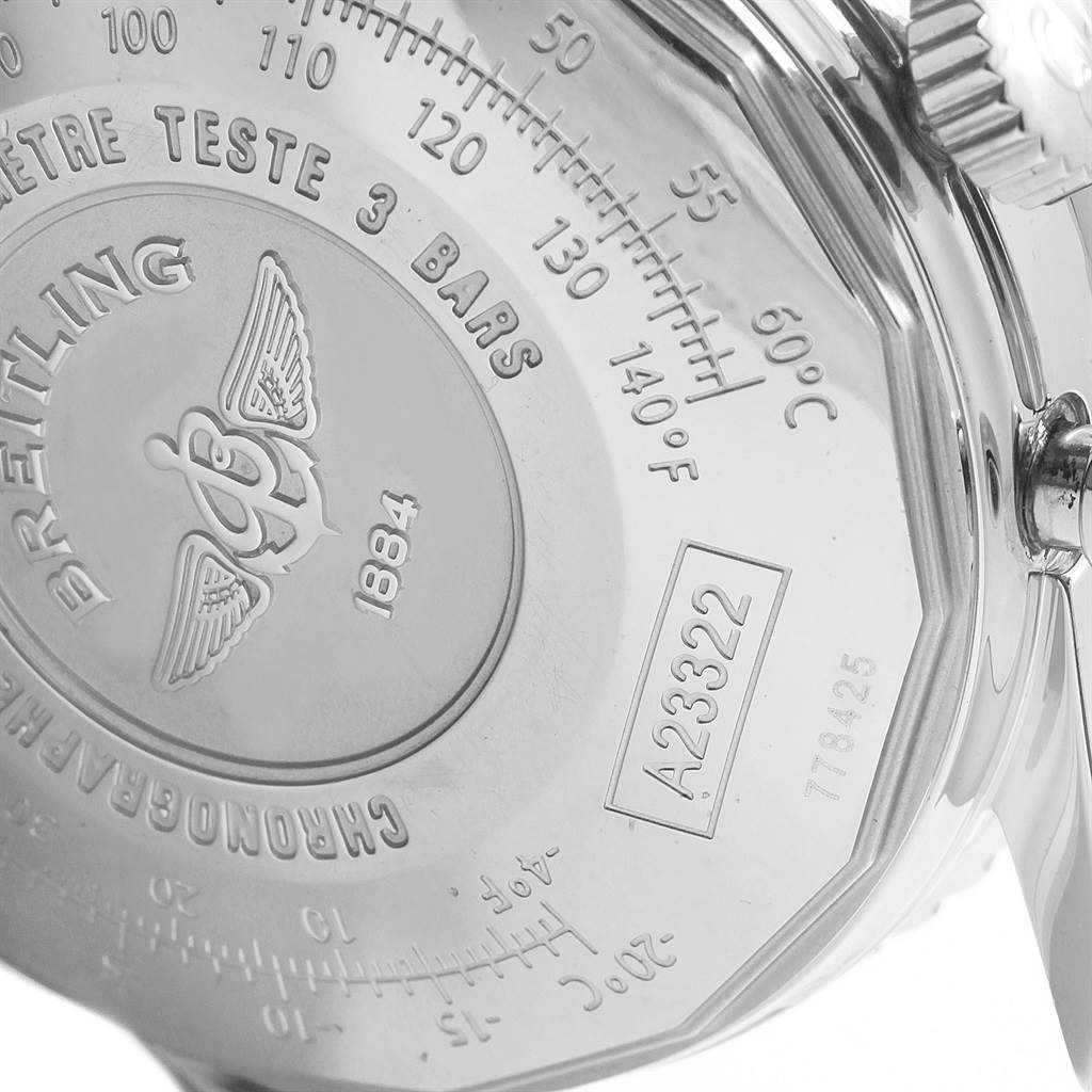 The image shows the back case of a Breitling Navitimer A23322 Men
s Stainless Steel Black Dial A23322 Men
s Stainless Steel Black Dial watch, focusing on the engraving and model number.