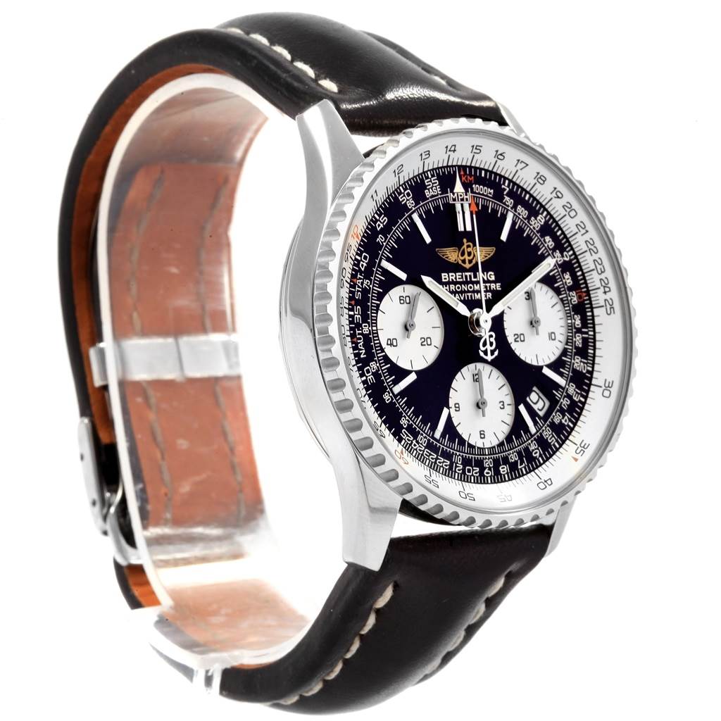The image shows a Breitling Navitimer A23322 Men
s Stainless Steel Black Dial A23322 Men
s Stainless Steel Black Dial watch at a slight angle, highlighting the dial, bezel, and leather strap with white stitching.