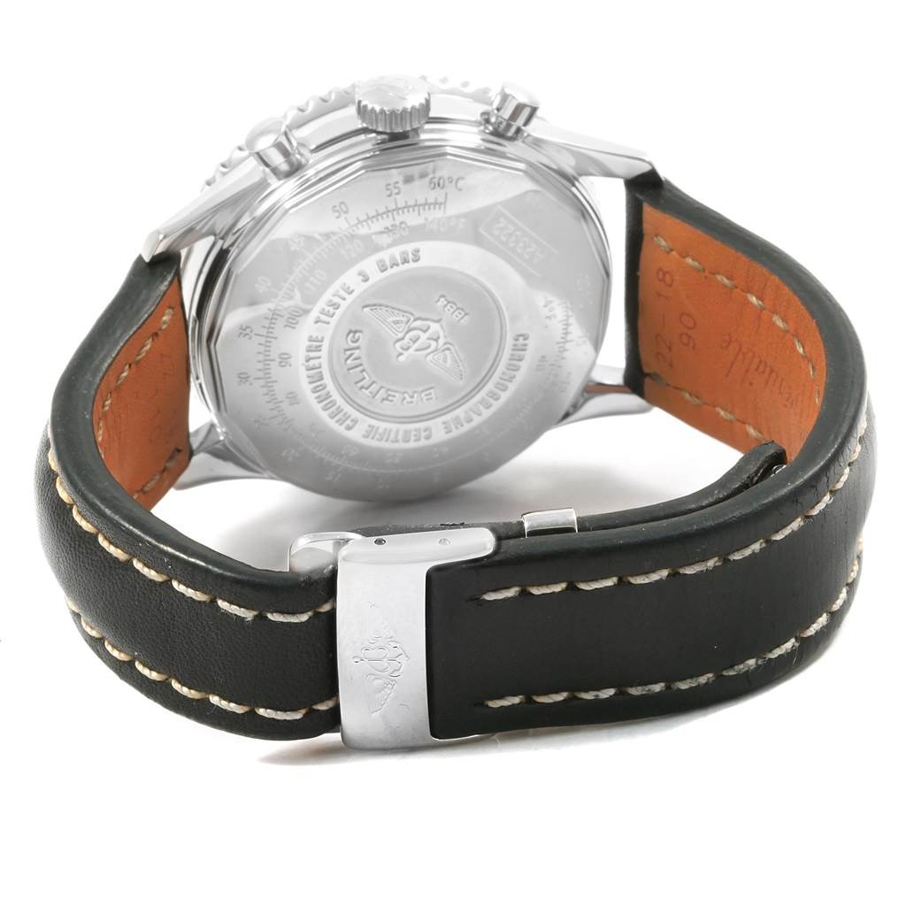 The image shows the back view of a Breitling Navitimer A23322 Men
s Stainless Steel Black Dial A23322 Men
s Stainless Steel Black Dial watch, highlighting its case back and leather strap with stitching.