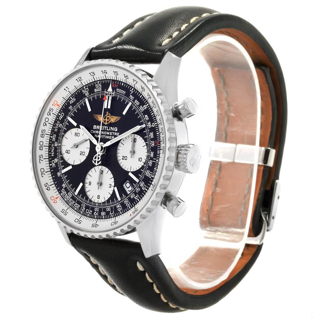 The image shows a Breitling Navitimer A23322 Men
s Stainless Steel Black Dial A23322 Men
s Stainless Steel Black Dial watch at a three-quarter angle highlighting the face, bezel, crown, pushers, and leather strap.