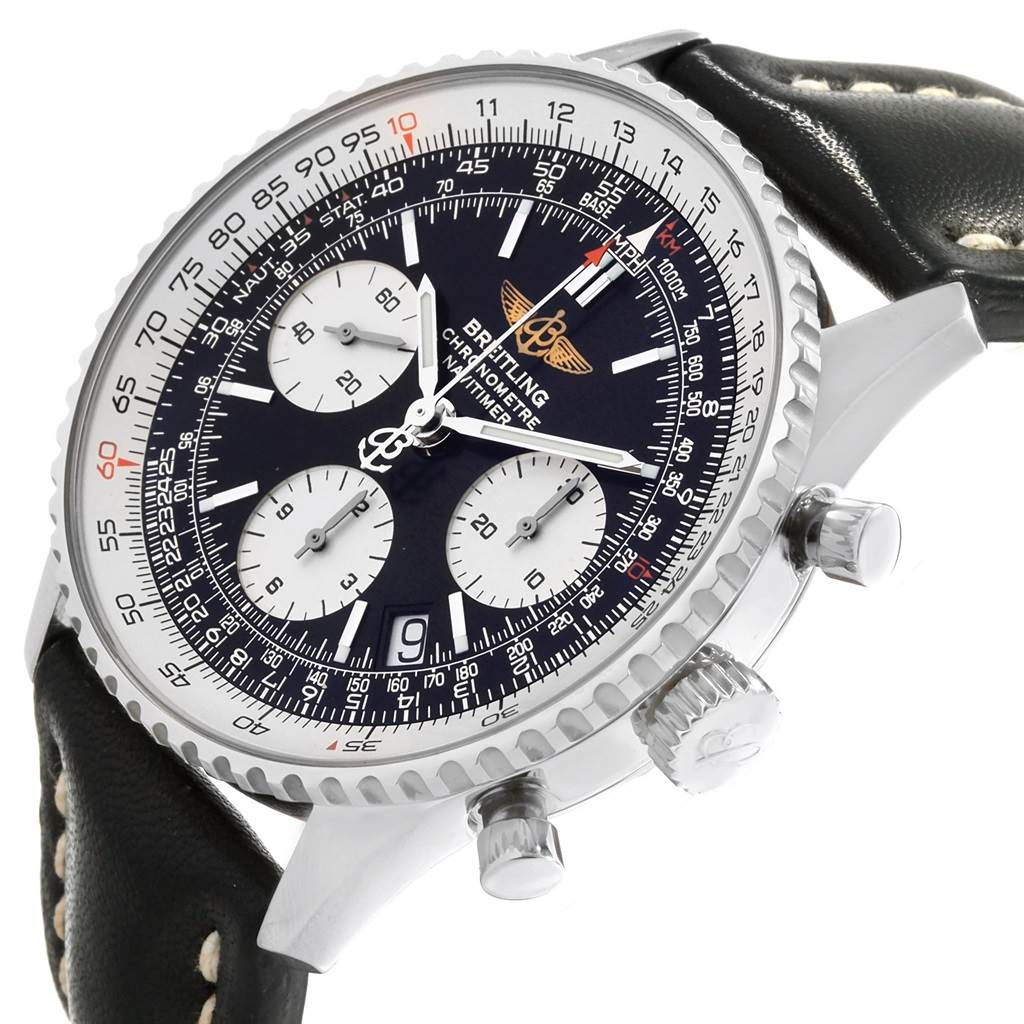 The image shows a close-up angle of a Breitling Navitimer A23322 Men
s Stainless Steel Black Dial A23322 Men
s Stainless Steel Black Dial watch focusing on the face, bezel, and crown.