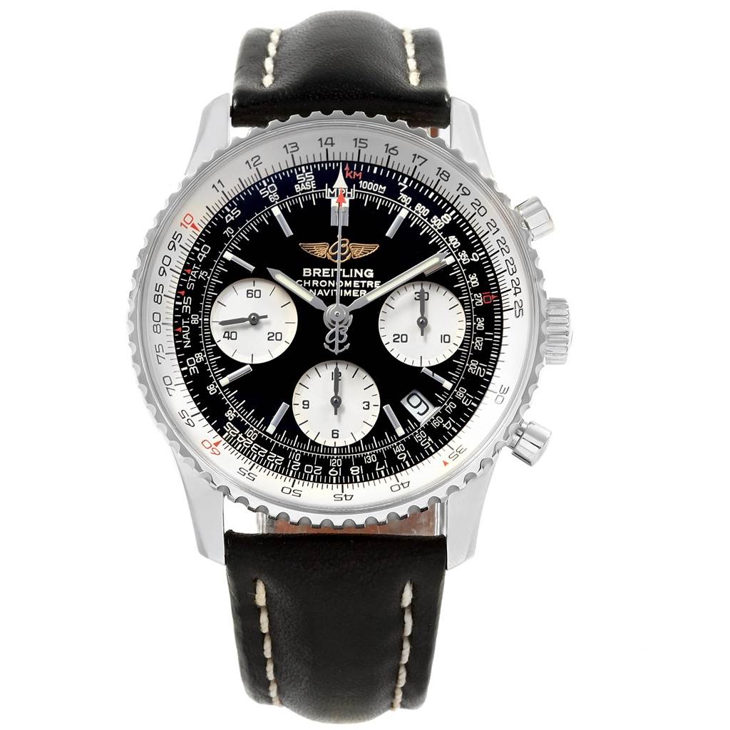 This image shows a front view of the Breitling Navitimer A23322 Men
s Stainless Steel Black Dial A23322 Men
s Stainless Steel Black Dial watch, displaying the face, bezel, and leather strap.