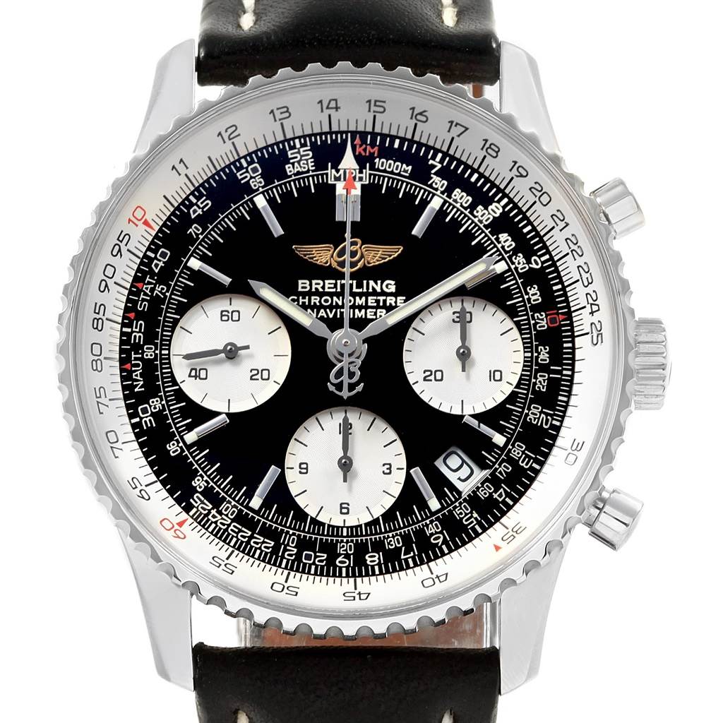 The image shows a front view of the Breitling Navitimer A23322 Men
s Stainless Steel Black Dial A23322 Men
s Stainless Steel Black Dial watch, featuring its black dial, chronograph sub-dials, and date window.