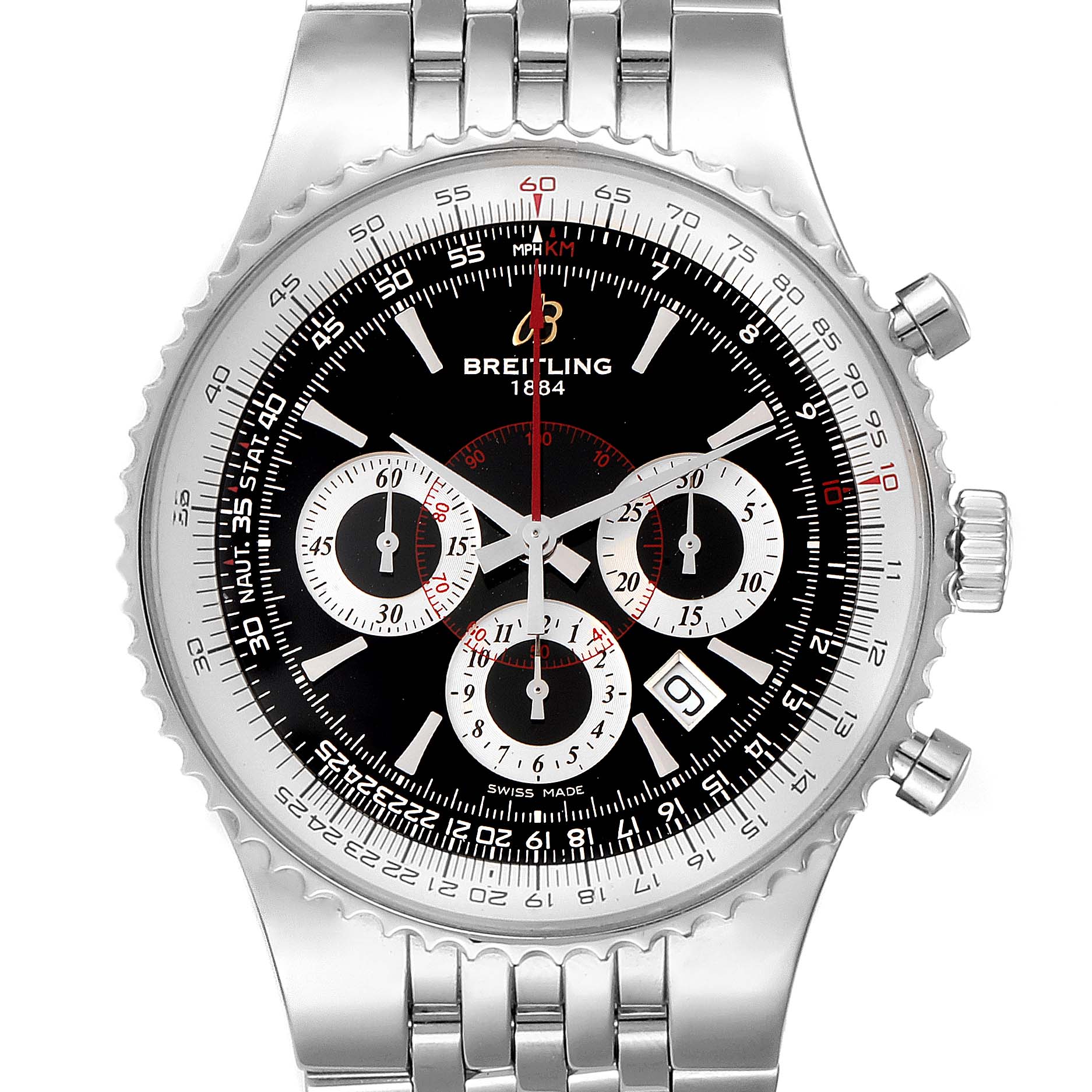 This is a front view of the Breitling Navitimer A23351 Men's Stainless Steel Black Dial A23351 Men's Stainless Steel Black Dial watch, showing the dial, sub-dials, bezel, and part of the bracelet.