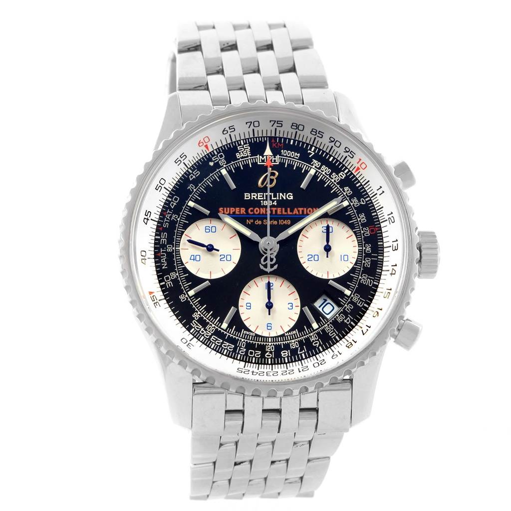 This Breitling Navitimer A23322 Men's Stainless Steel Black Dial A23322 Men's Stainless Steel Black Dial watch is shown from a front angle, displaying the dial, bezel, crown, pushers, and metal bracelet.