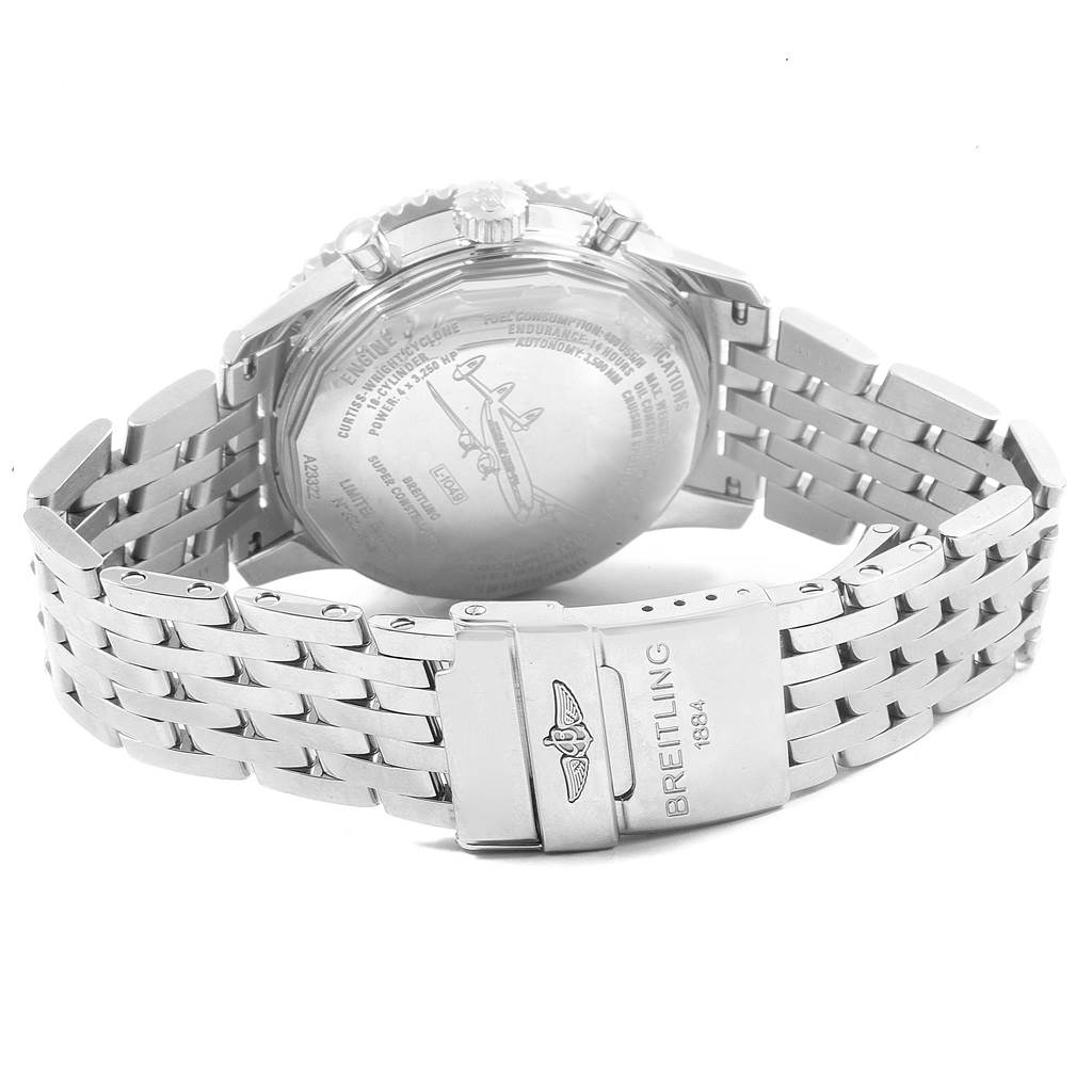 This image shows the back view and clasp of the Breitling Navitimer A23322 Men's Stainless Steel Black Dial A23322 Men's Stainless Steel Black Dial watch with a stainless steel bracelet.