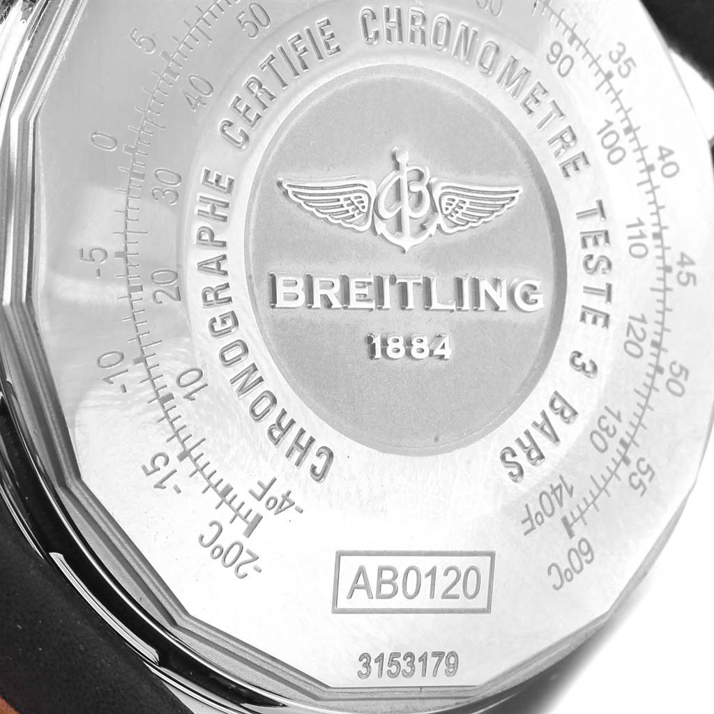 The image shows the back case of a Breitling Navitimer AB0120 Men
s Stainless Steel Black Dial AB0120 Men
s Stainless Steel Black Dial watch, highlighting the engraved branding and serial numbers.