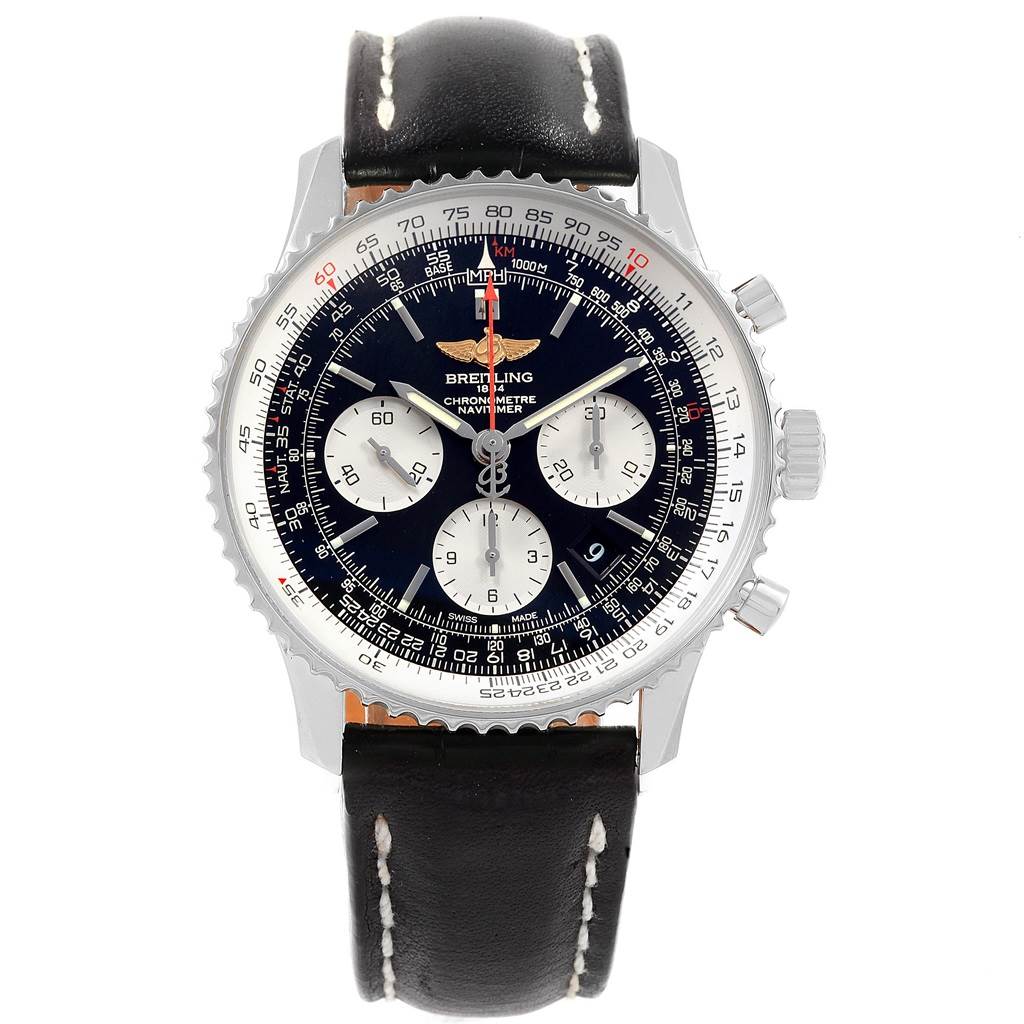 The image displays a front angle of the Breitling Navitimer AB0120 Men
s Stainless Steel Black Dial AB0120 Men
s Stainless Steel Black Dial watch, showcasing its dial, bezel, chronograph subdials, and leather strap.