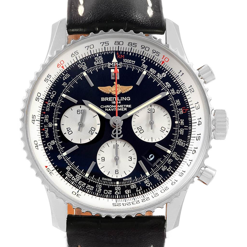 The image shows a front view of a Breitling Navitimer AB0120 Men
s Stainless Steel Black Dial AB0120 Men
s Stainless Steel Black Dial watch, highlighting its dial, bezel, subdials, and leather strap.