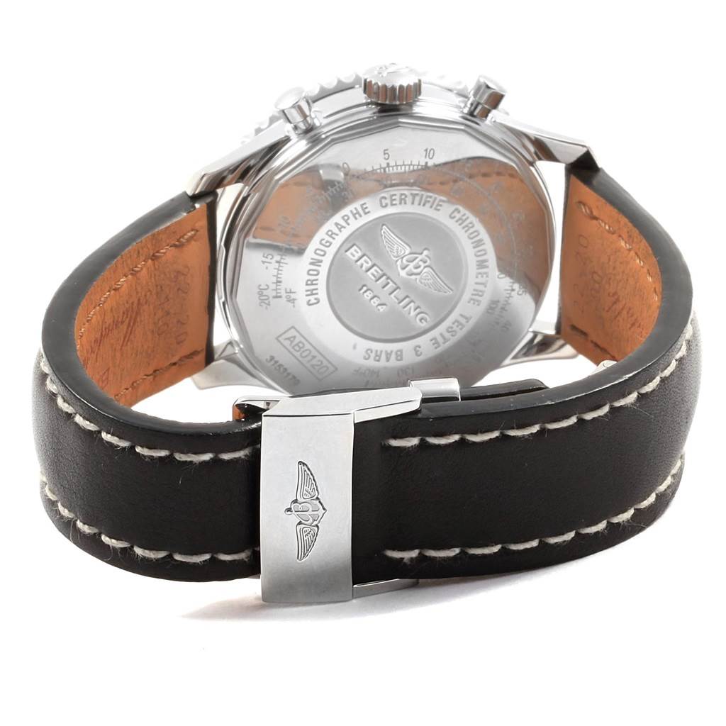 The image shows the back case and leather strap of a Breitling Navitimer AB0120 Men
s Stainless Steel Black Dial AB0120 Men
s Stainless Steel Black Dial watch from a rear angle.