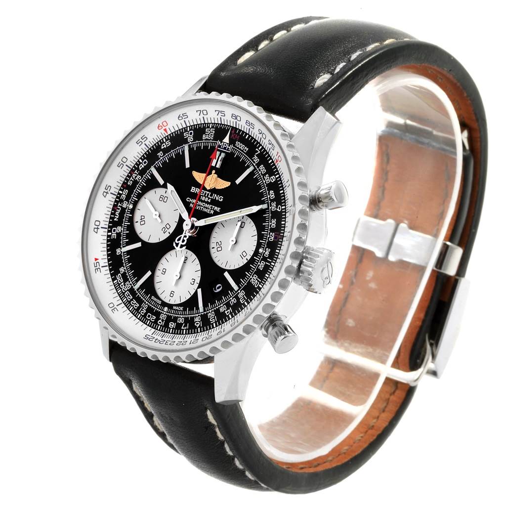 The image shows a Breitling Navitimer AB0120 Men
s Stainless Steel Black Dial AB0120 Men
s Stainless Steel Black Dial watch at a slight angle, highlighting the dial, bezel, chronograph pushers, and leather strap.