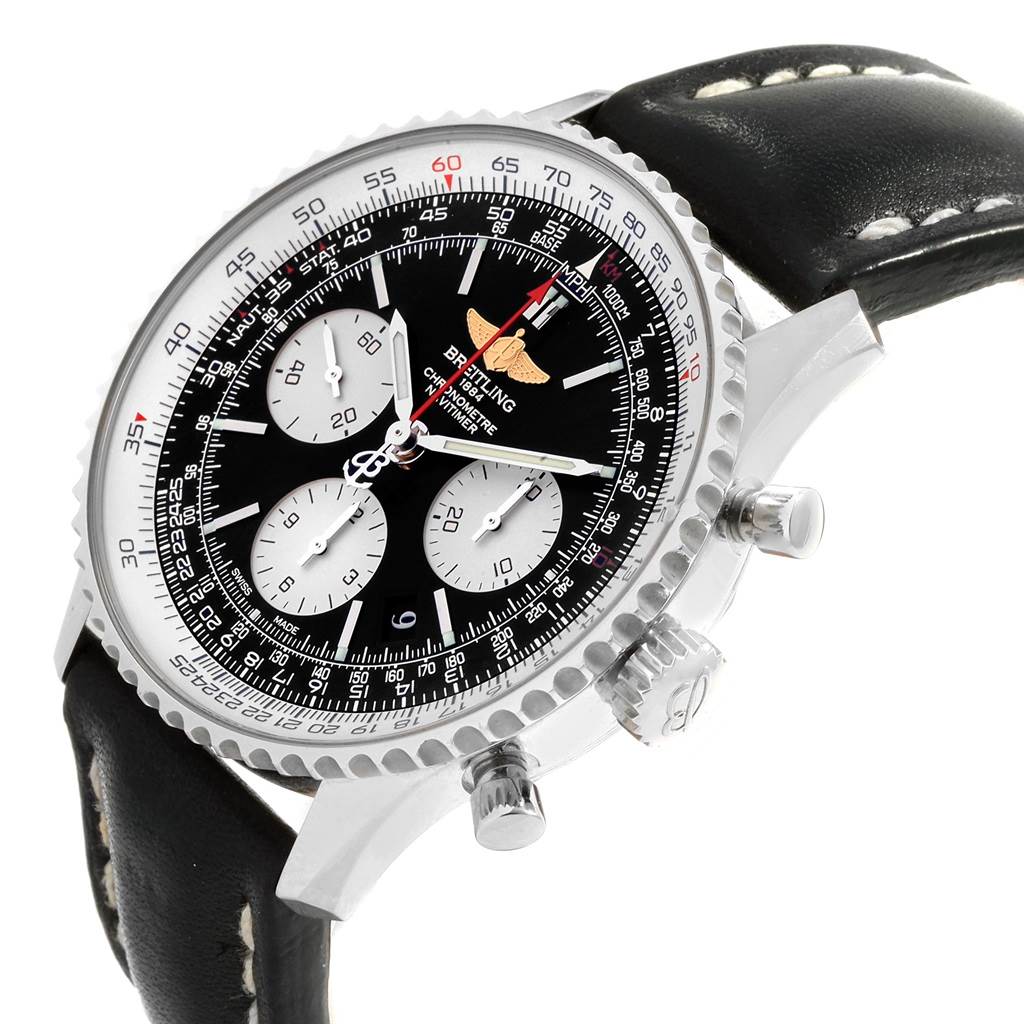 The image shows a Breitling Navitimer AB0120 Men
s Stainless Steel Black Dial AB0120 Men
s Stainless Steel Black Dial watch, angled to display the face, bezel, crown, pushers, and leather strap.