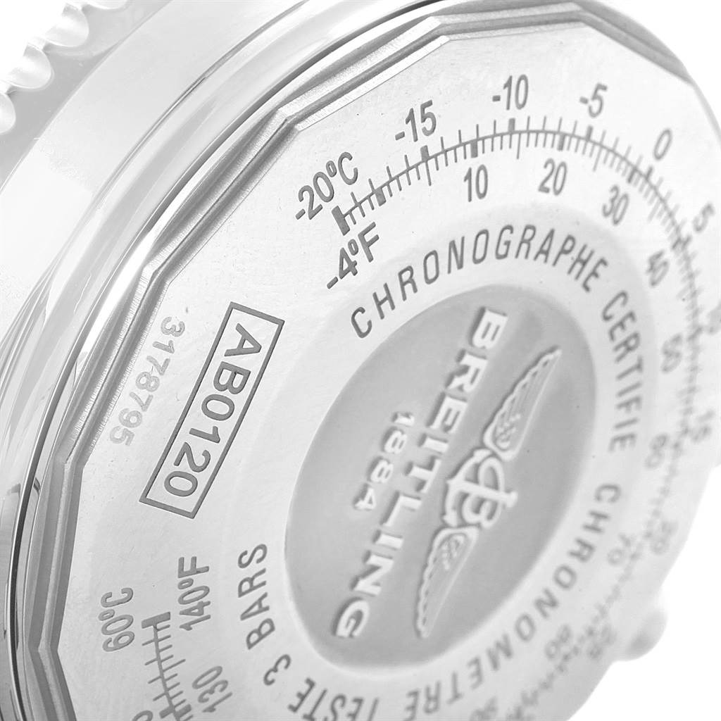The image shows the case back of a Breitling Navitimer AB012721-BD09-453A Men's Stainless Steel Black Dial AB012721-BD09-453A Men's Stainless Steel Black Dial, featuring the brand's logo, model number "AB0120", and various engravings.