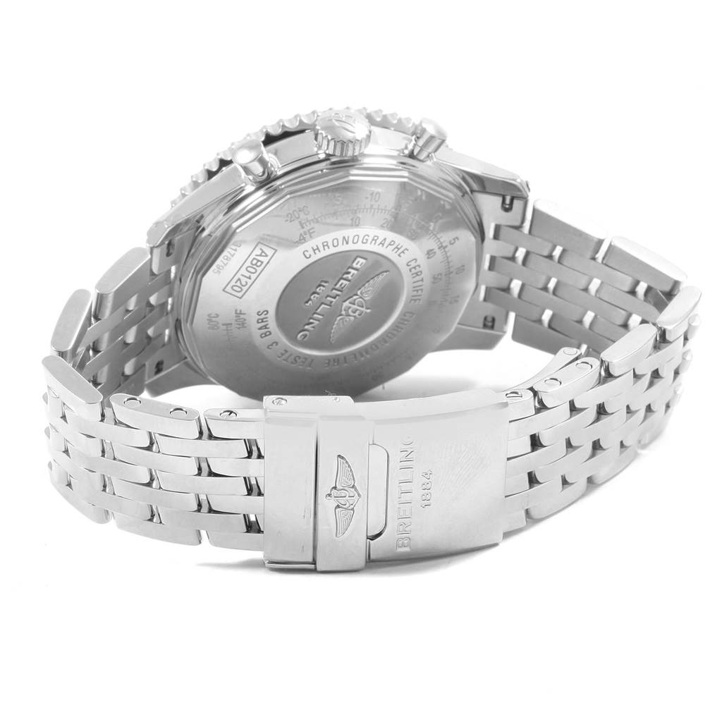 This image shows the back view of a Breitling Navitimer AB012721-BD09-453A Men's Stainless Steel Black Dial AB012721-BD09-453A Men's Stainless Steel Black Dial watch, highlighting the stainless steel case back and metal bracelet clasp.