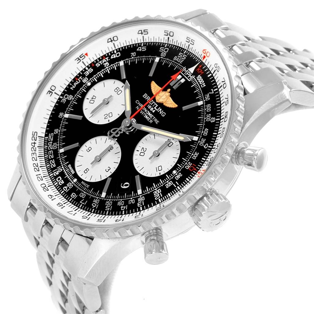 The Breitling Navitimer AB012721-BD09-453A Men's Stainless Steel Black Dial AB012721-BD09-453A Men's Stainless Steel Black Dial watch is shown at a slight side angle, displaying its face, bezel, and part of the bracelet.