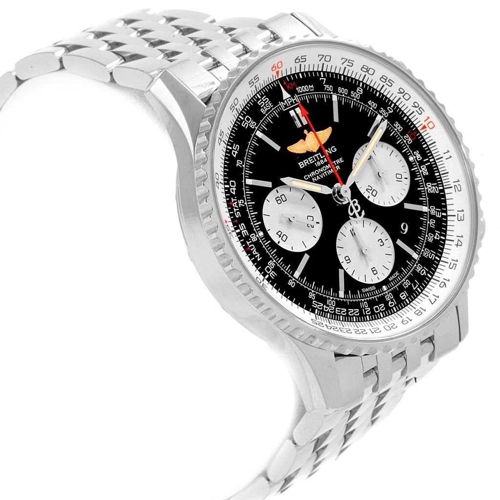 This image shows the face and metal band of the Breitling Navitimer AB012721-BD09-453A Men's Stainless Steel Black Dial AB012721-BD09-453A Men's Stainless Steel Black Dial watch at an angle from the left side.