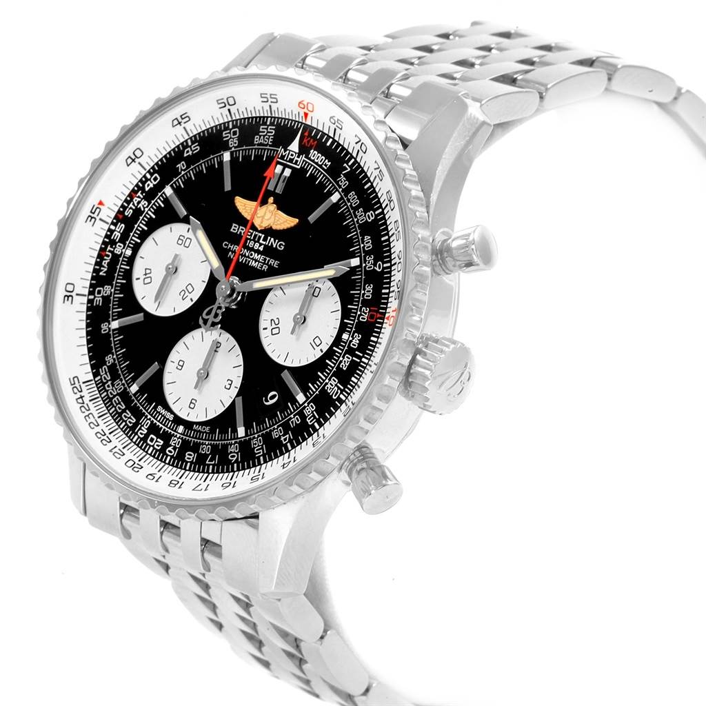 The image shows a Breitling Navitimer AB012721-BD09-453A Men's Stainless Steel Black Dial AB012721-BD09-453A Men's Stainless Steel Black Dial watch angled to display its face, bezel, chronograph buttons, and metal bracelet.