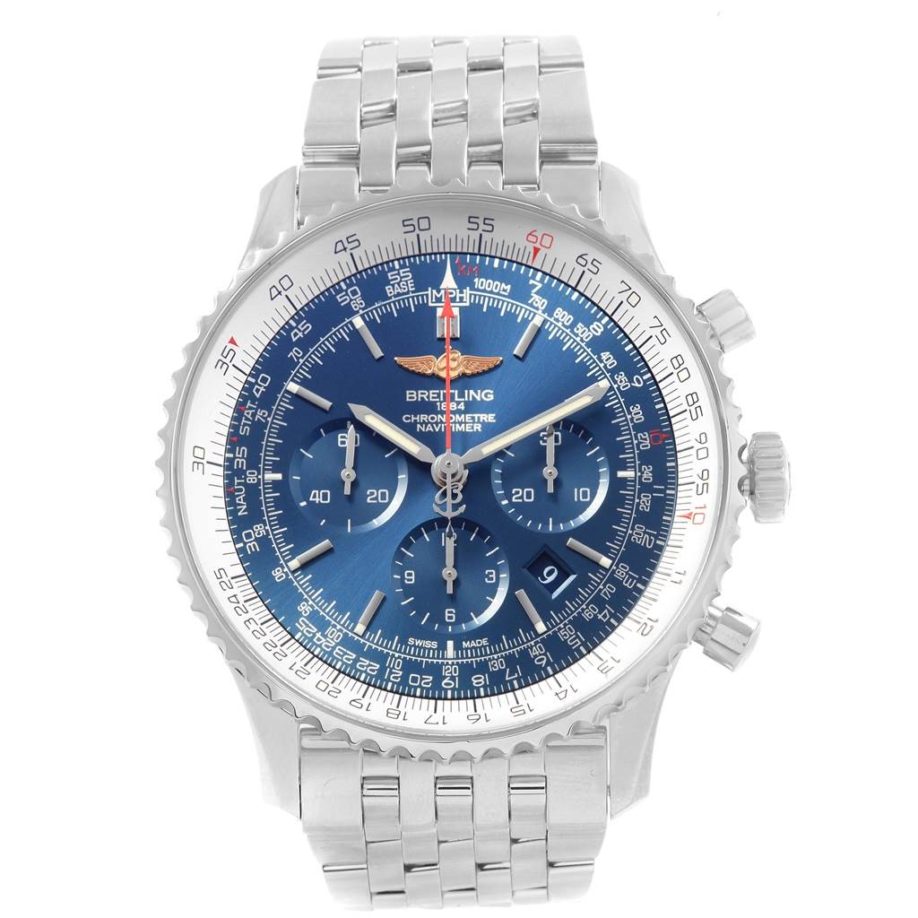 The image shows a front view of a Breitling Navitimer AB012721-C889SS Men's Stainless Steel Blue Dial AB012721-C889SS Men's Stainless Steel Blue Dial watch, highlighting the dial, bezel, and metal bracelet.