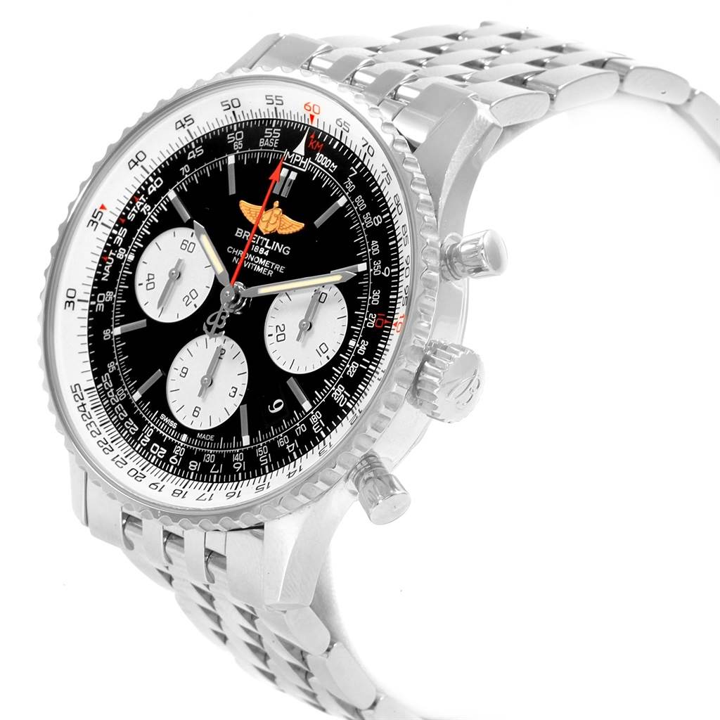 The image shows a Breitling Navitimer AB012721-BD09-453A Men
s Stainless Steel Black Dial AB012721-BD09-453A Men
s Stainless Steel Black Dial watch at a three-quarter angle, displaying the face, bezel, crown, pushers, and metallic bracelet.