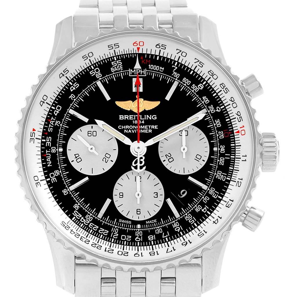 The Breitling Navitimer AB012721-BD09-453A Men
s Stainless Steel Black Dial AB012721-BD09-453A Men
s Stainless Steel Black Dial watch is shown from a front angle, displaying its face, bezel, and stainless steel bracelet.