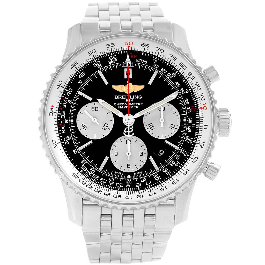 This image shows a front-facing view of the Breitling Navitimer AB012721-BD09-453A Men
s Stainless Steel Black Dial AB012721-BD09-453A Men
s Stainless Steel Black Dial watch, displaying its face, bezel, and bracelet.