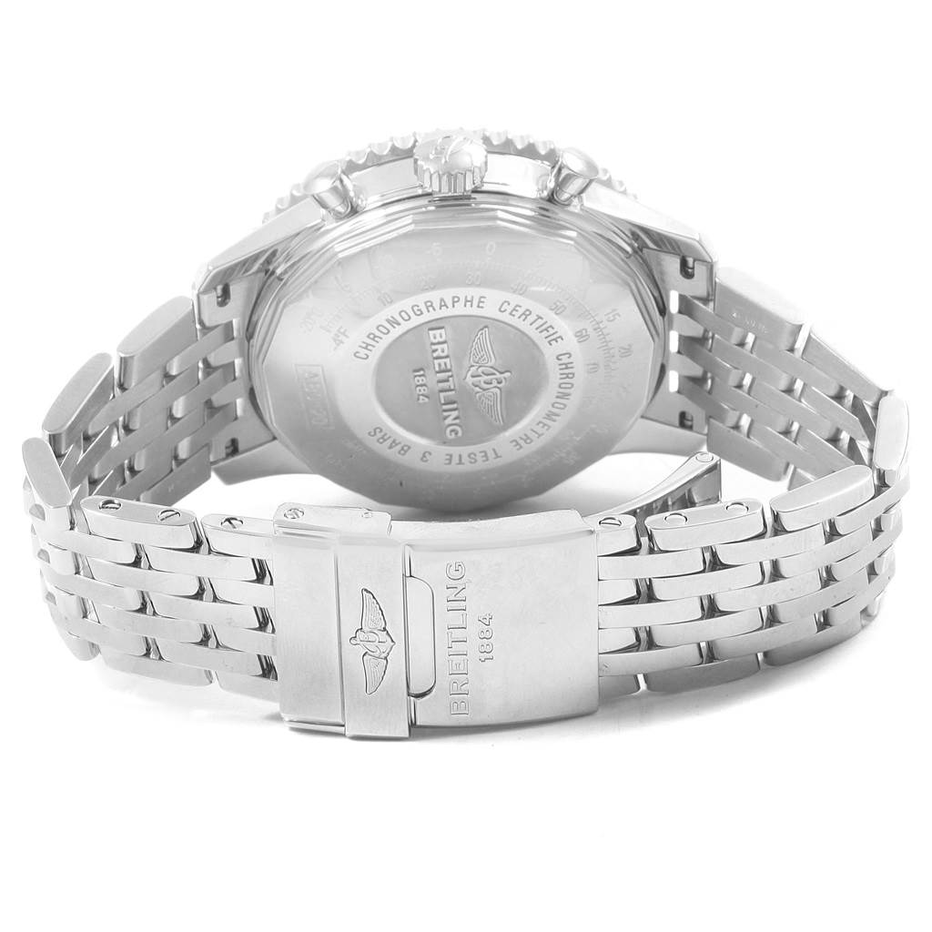 The image shows the back view of the Breitling Navitimer AB012721-BD09-453A Men
s Stainless Steel Black Dial AB012721-BD09-453A Men
s Stainless Steel Black Dial watch, highlighting its engraved case back and stainless steel bracelet with clasp.