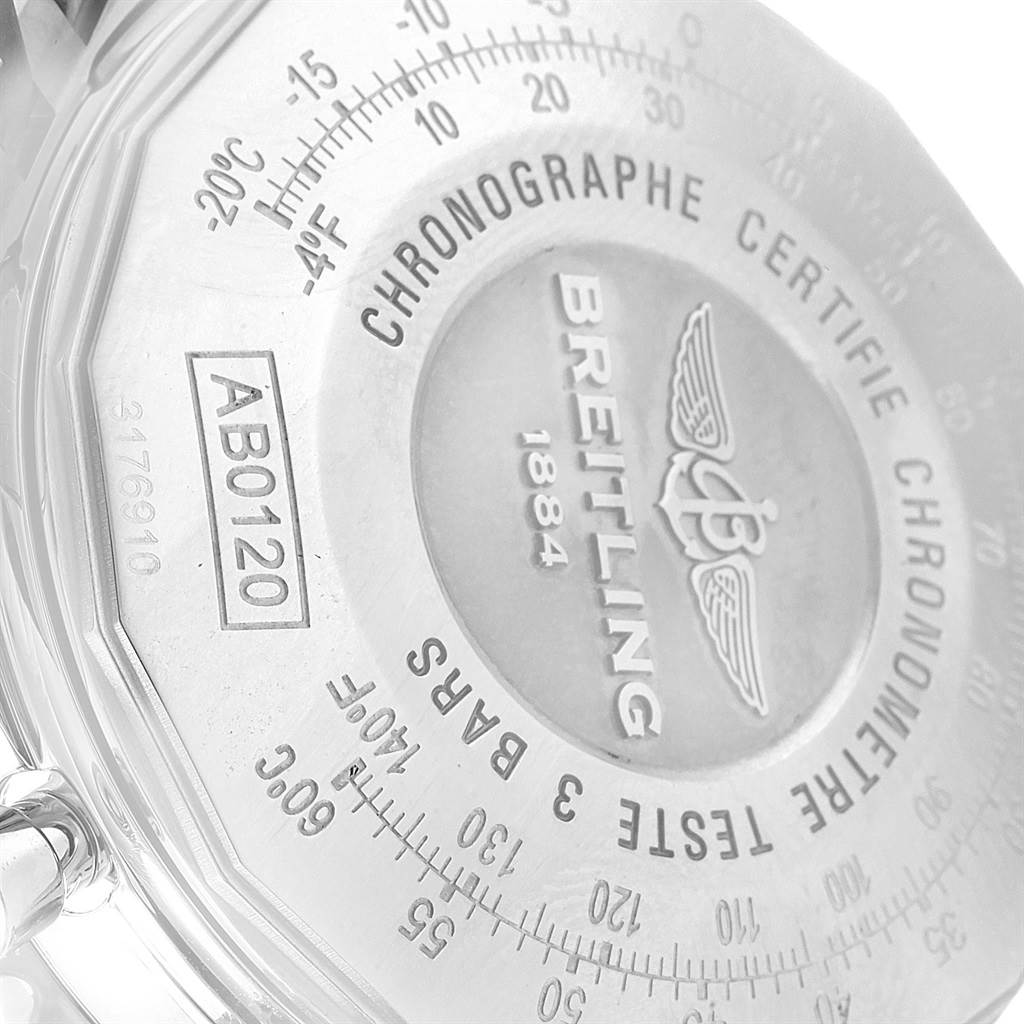 The image shows the back case of the Breitling Navitimer AB012721-BD09-453A Men
s Stainless Steel Black Dial AB012721-BD09-453A Men
s Stainless Steel Black Dial watch, highlighting the model number "AB0120" and engraved details.