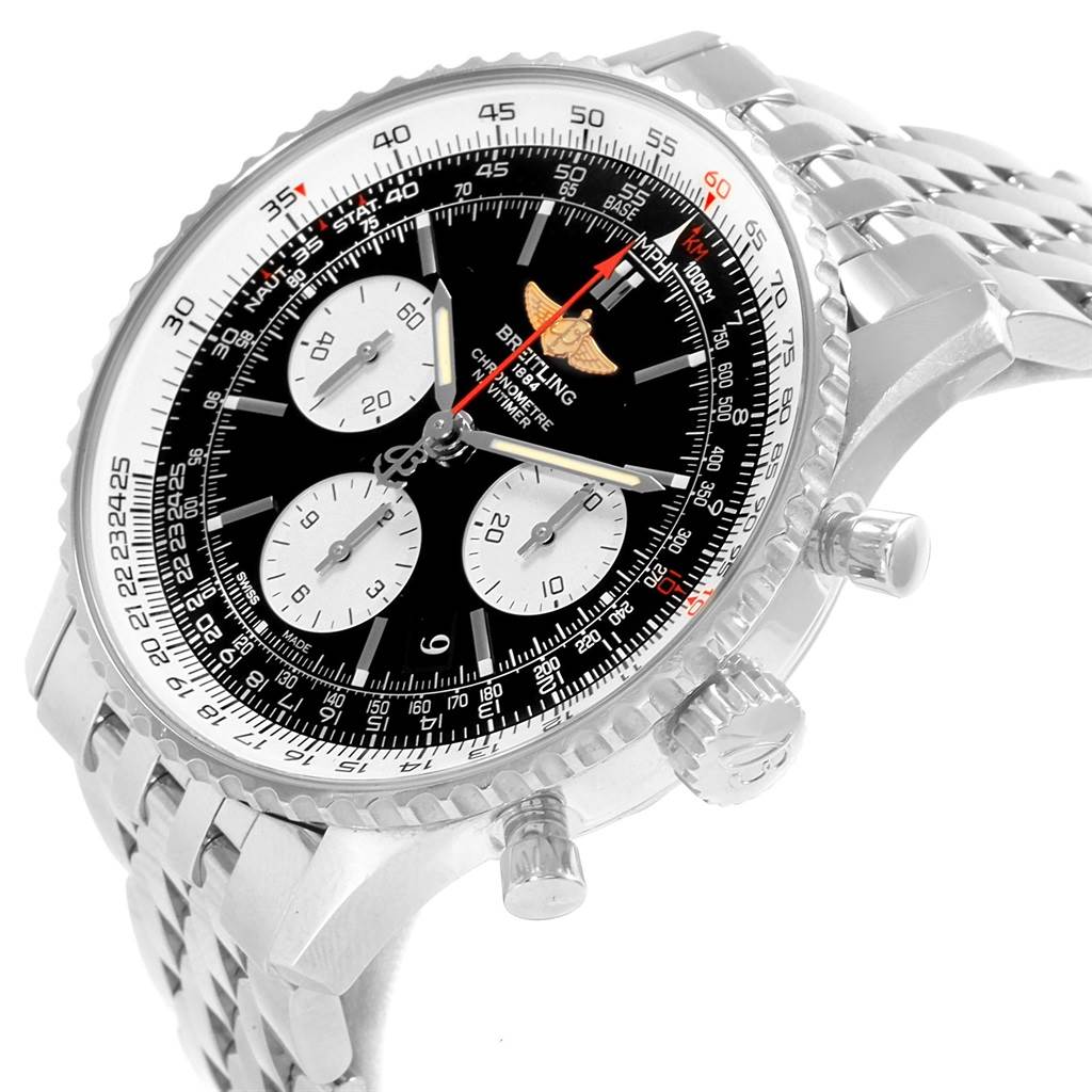 The image shows a Breitling Navitimer AB012721-BD09-453A Men
s Stainless Steel Black Dial AB012721-BD09-453A Men
s Stainless Steel Black Dial watch at an angled side view, highlighting its dial, bezel, and pushers.