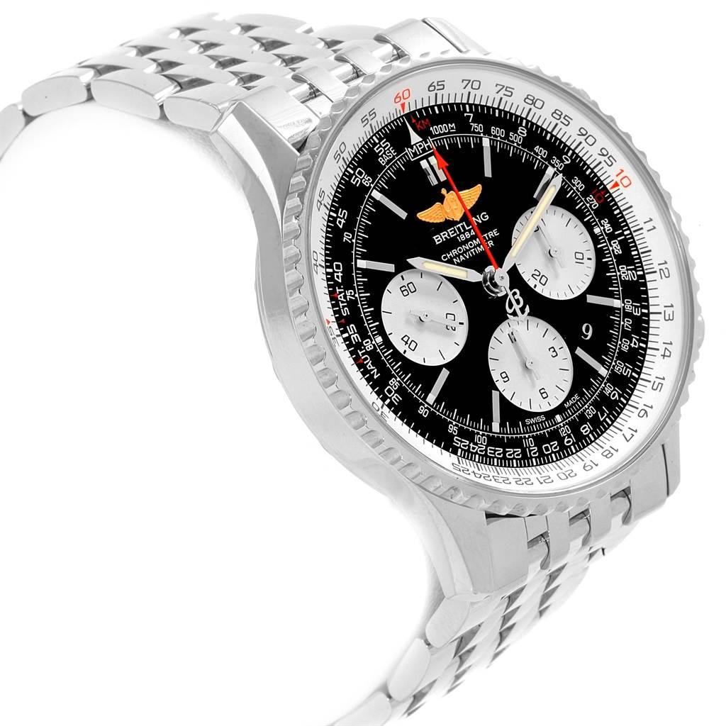 The image shows a Breitling Navitimer AB012721-BD09-453A Men
s Stainless Steel Black Dial AB012721-BD09-453A Men
s Stainless Steel Black Dial watch at a slight angle, highlighting its face, bezel, and part of the bracelet.