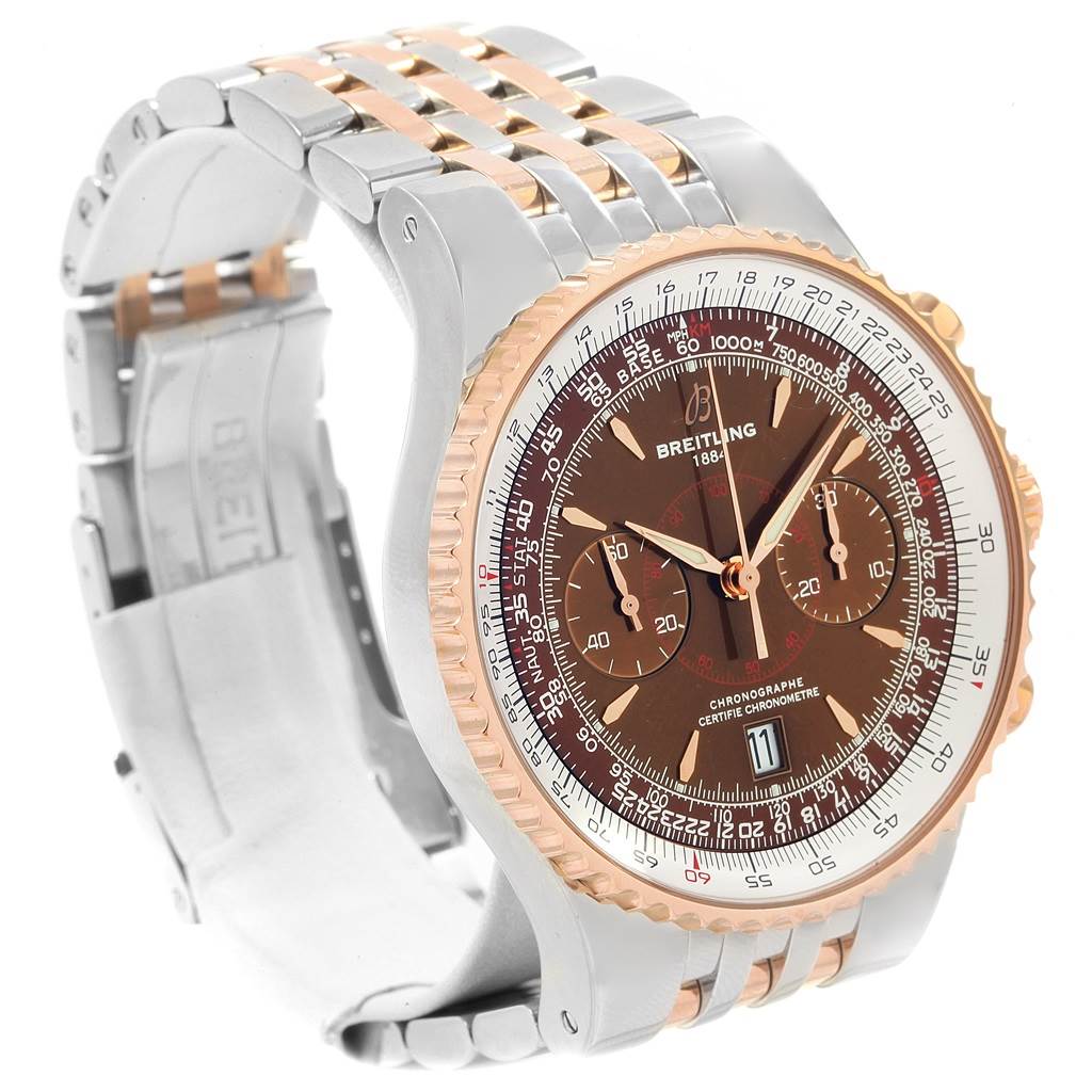 This image shows a Breitling Navitimer C23340 Men's Steel and Gold (two tone) Brown Dial C23340 Men's Steel and Gold (two tone) Brown Dial watch at an oblique angle highlighting the face, bezel, and part of the metal strap.